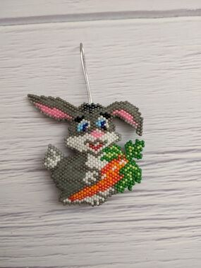 Gray Bunny with Carrot Beaded Hanging Ornament